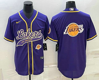 Men%27s Los Angeles Lakers Purple Team Big Logo With Patch Cool Base Stitched Baseball Jersey